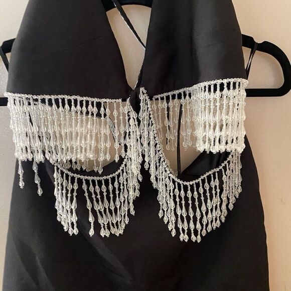 NBD Lali Dress Beaded Fringe Black Cut Out Mini Halter Revolve $328 NWT S - Picture 11 of 12